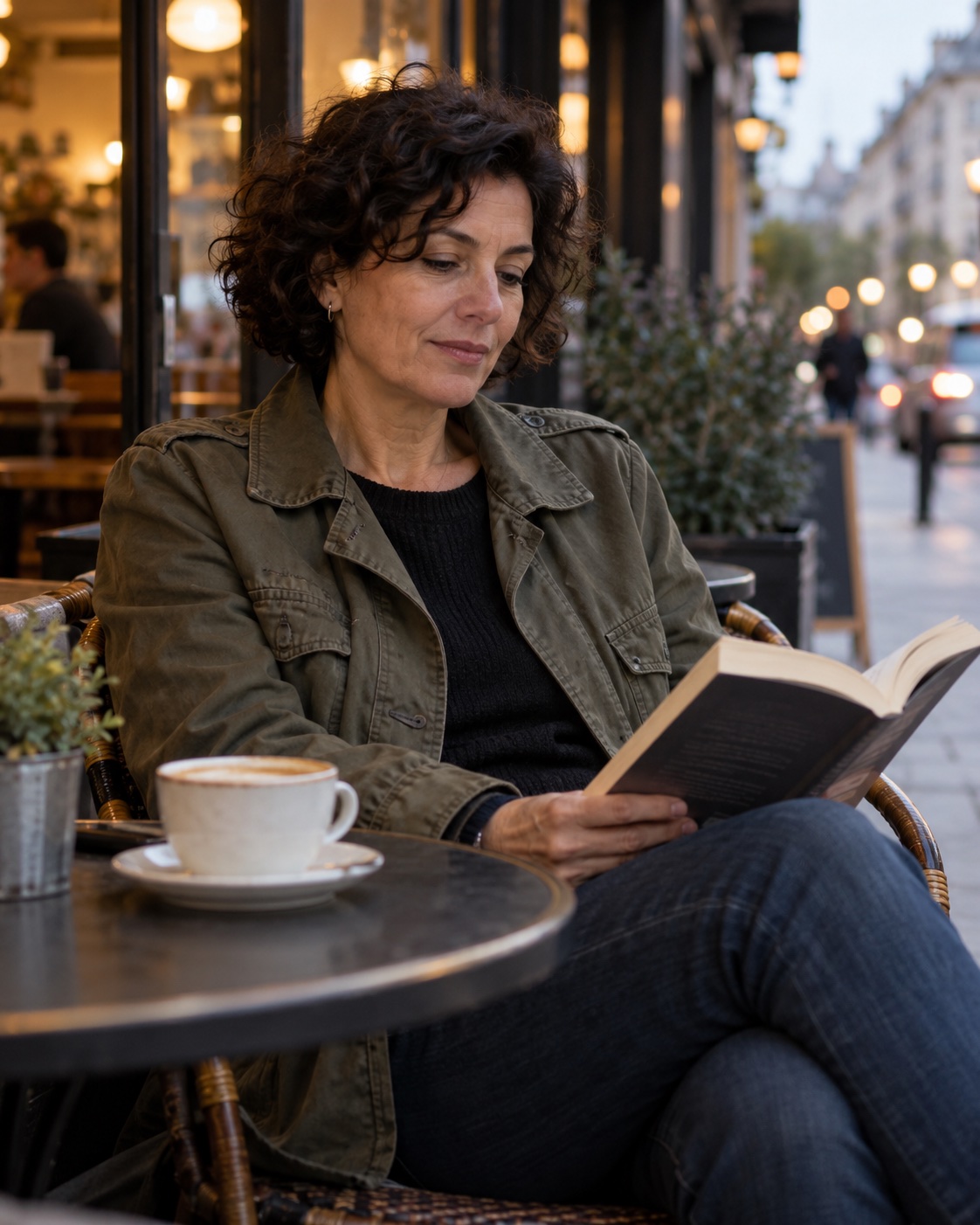 Maya reading at a neighbourhood cafe after work